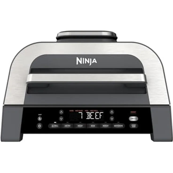 Ninja MAX 6-in-1-Grill & -Heißluftfritteuse für den Innenraum, 6 Kochfunktionen, für bis zu 6 Burger, 3,8-l-Fassungsvermögen, kaum Rauch, digitales Bratthermometer, Grau/Silber