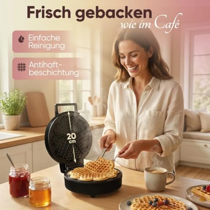 Clatronic WA 3832 Waffeleisen Herzform, 1200 W mit Antihaftbeschichtung und stufenlosem Bräunungsregler, schwarz – Bild 3