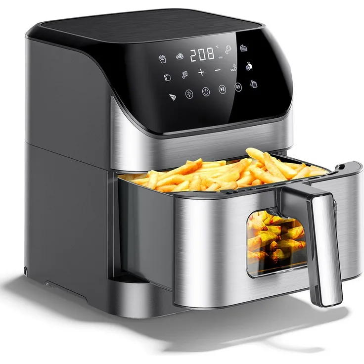 oyajia Heißluftfritteuse XXL 8L, Fritteuse ohne Öl mit 10 Programmen, 1800W, Sichtfenster, Touch-Display und Timer