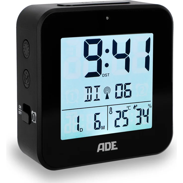 ADE Funkwecker digital funk mit Temperatur und Luftfeuchtigkeit, automatischer Lichtsensor, 2 Weckzeiten, Schlummerfunktion – Bild 1
