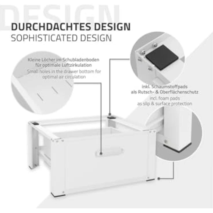 ML DESIGN modern living Waschmaschinen Untergestell mit Schublade 63x54cm Stahl Weiß bis 150kg, Robuster Sockel mit ergonomischer Höhe und praktischer Schublade – Bild 4