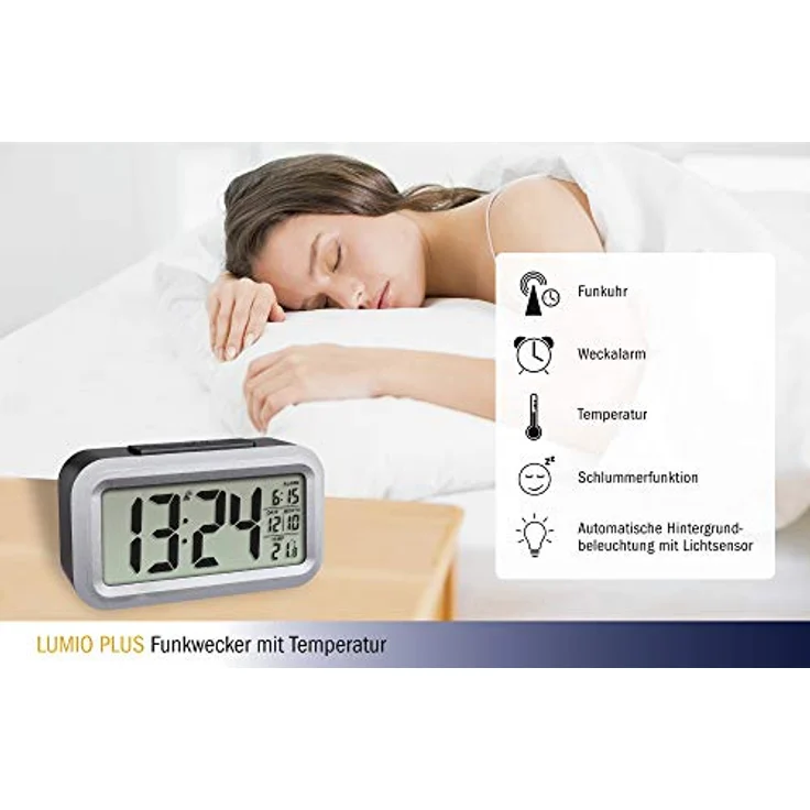 TFA Dostmann Lumio Digitaler Funk Wecker, 60.2553.01, mit Funkuhr, Temperaturanzeige, automatische Hintergrundbeleuchtung, Datumsanzeige, Schlummerfunktion, großes Display, 13,8cm lang, schwarz-silber – Bild 4