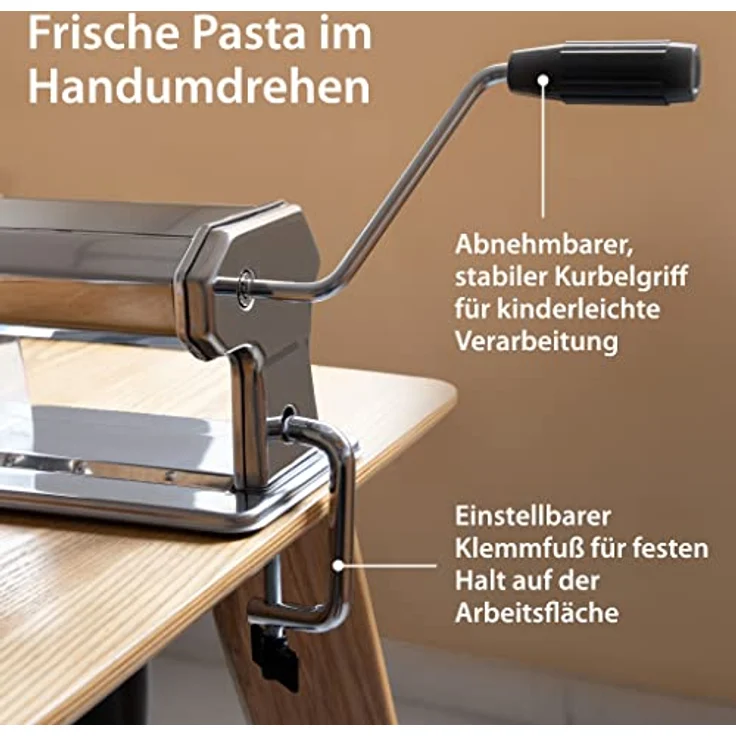 ADE Nudelmaschine Edelstahl, manuelle Pastamaschine mit 7 Teigstärken, für Lasagneplatten, Spaghetti und Fettuccine, inklusive Trockner und Borstenpinsel – Bild 5