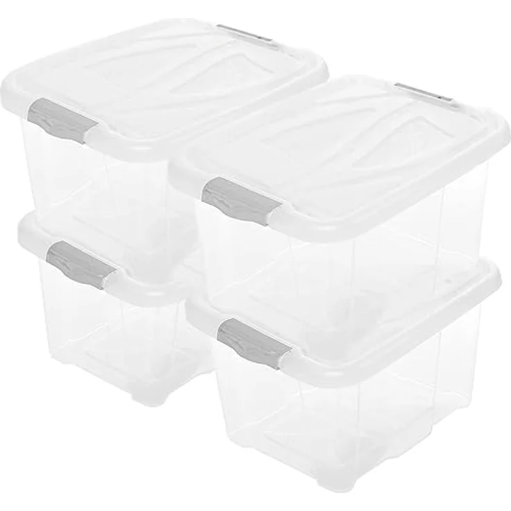 2friends Aufbewahrungsbox mit Deckel Groß, 4er Set 30L, transparente Kunststoffboxen mit grauen Clipverschlüssen, stapelbar, BPA-frei, 49cm x 39cm x 26cm, ideal für Ordnung in Büro, Küche & Garage – Bild 1