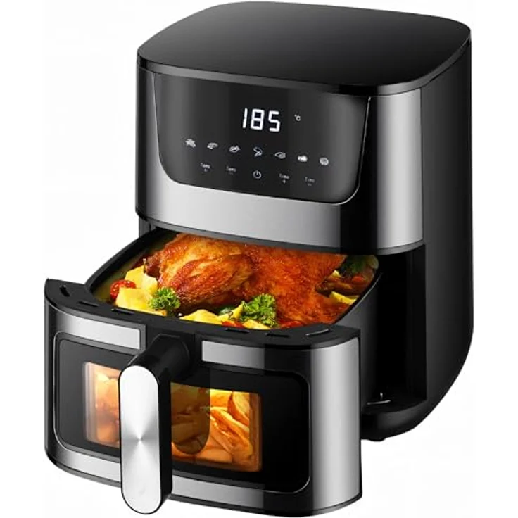 Retoo Heißluftfritteuse 5.5L 1500W 7 Programmen Friteuse Heissluft, max 200°C, Air Fryer bis zu 90% weniger Fett, Touchpad, Fritteuse ohne Öl, Diät und Digital, Edelstahl-Finish Schwarz – Bild 1
