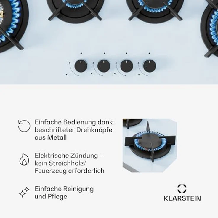 Klarstein Goldflame 4 Slim Gaskochfeld, 4 Messingbrenner, 3,4kW, 2,4kW, 1,8kW, 1kW, Weiß, inkl. Schlauch & Druckminderer – Bild 5