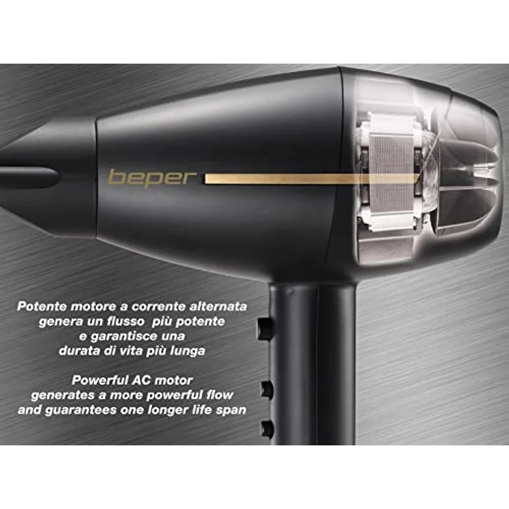 Beper Professioneller Haartrockner mit Wechselstrommotor, HaarFöhn, 2 Geschwindigkeiten und 3 Temperaturen, Warm und Kaltluftbetrieb, Leistung 2400 W Schwarz Gold – Bild 4