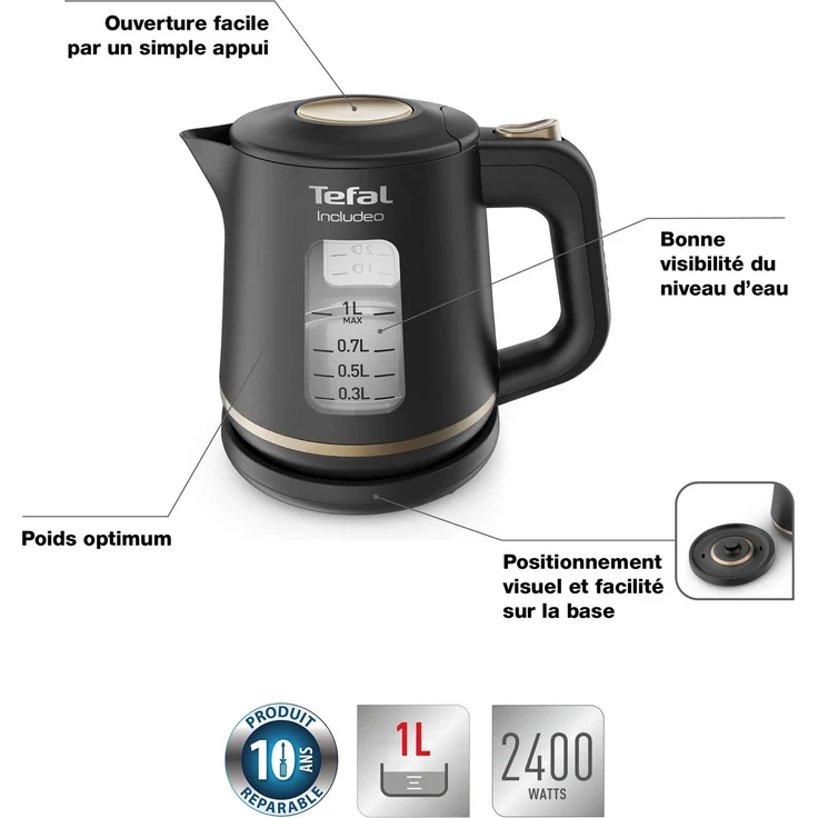 Tefal KI533811 Includeo Wasserkocher, 1 Liter, Anti-Rutsch-Griff | einfach abzulesende Wasserstandsanzeige, 360°-Drehsockel, herausnehmbarer Filter, schwarz, kupfer – Bild 2