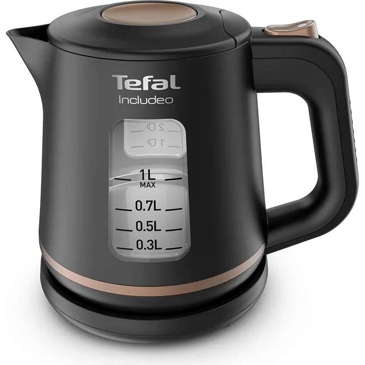 Tefal KI533811 Includeo Wasserkocher, 1 Liter, Anti-Rutsch-Griff | einfach abzulesende Wasserstandsanzeige, 360°-Drehsockel, herausnehmbarer Filter, schwarz, kupfer