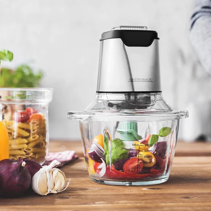 Gastroback 40961 Design Mini Chopper Plus, Multi-Zerkleinerer, 3 Edelstahl-Sichelmesser, 400 Watt, 1,2 Liter Glasbehälter, steel, edelstahldesign – Bild 5