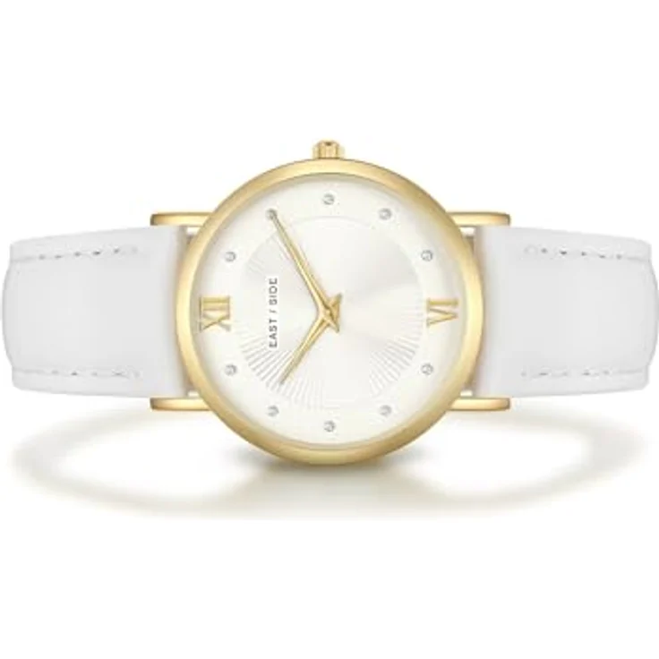 Eastside Damen Uhr 10080154, analog Quarzwerk mit weißem Echtlederarmband und Gelbgold-Gehäuse – Bild 3