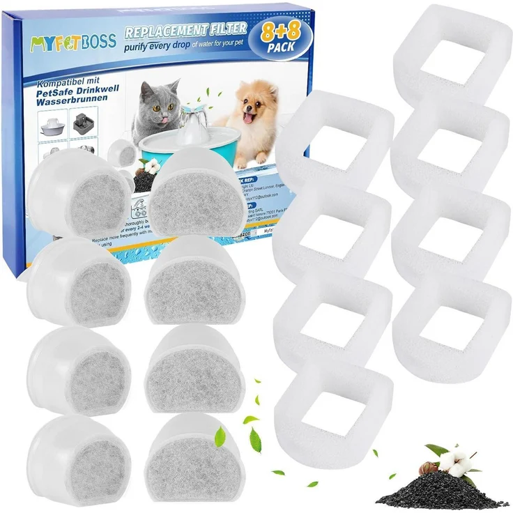 MyfatBOSS Ersatz-Kohlefilter & Schaumfilter Set für PetSafe Trinkbrunnen, 8 Stück, Doppelfiltration für sauberes Trinkwasser