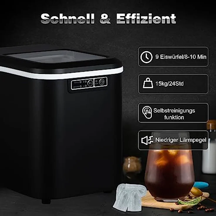 Eiswürfelmaschine mit 2 Eiswürfelgrößen 2,2 Liter 120W ABS : schwarz – Bild 3