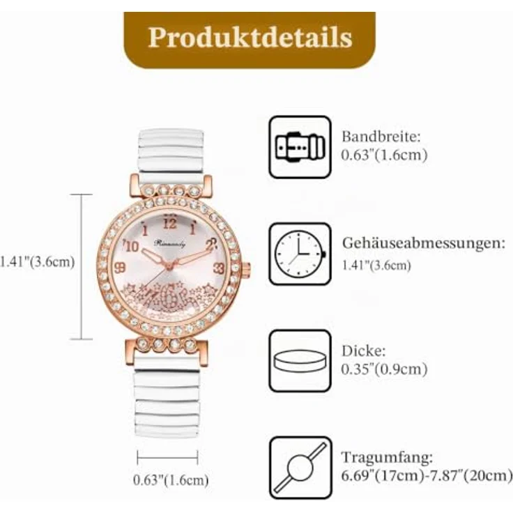 JewelryWe Damenuhr Elastisch, Analog Quarz mit Zirkonia, Edelstahl Stretch-Armband, Weiß, Lässige Armbanduhr mit leicht ablesbarer Digitalskala – Bild 5