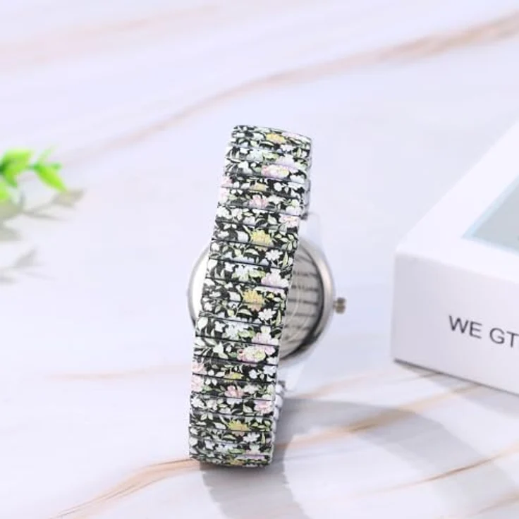 JewelryWe Böhmische Blumen Armbanduhr, Edelstahl Stretch mit großen arabischen Ziffern, Analoguhr für Damen – Bild 3