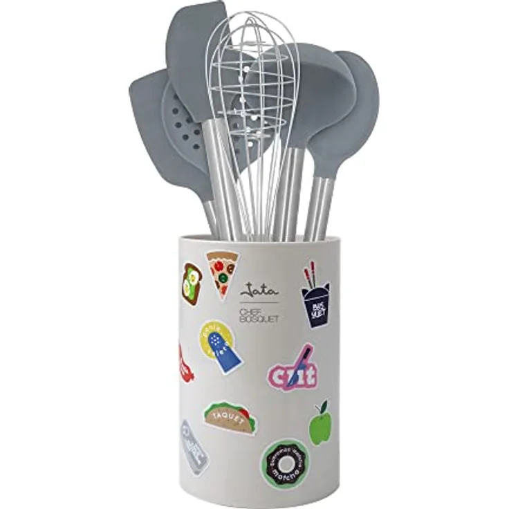 JATA HOGAR HACC5460 Küchenutensilien aus Silikon und Edelstahl mit Aufbewahrungshalter, 6 Utensilien: Schneebesen, Zunge, Schaufel, Schaufel, Topf und Schaumlöffel, Antihaftbeschichtung, BPA-frei.