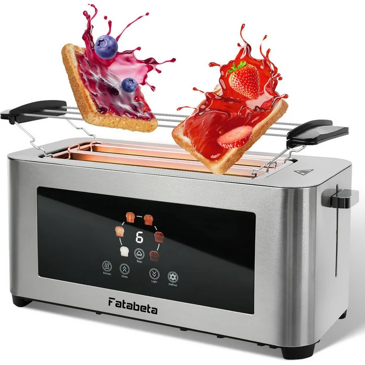 KNKA PRO Toaster 4 Scheiben, Doppel-Langschlitztoaster mit LED-Display, Touchscreen, 1400 W, 6 Bräunungsstufen, Edelstahl, Brötchenaufsatz, Auftauen & Aufwärmen