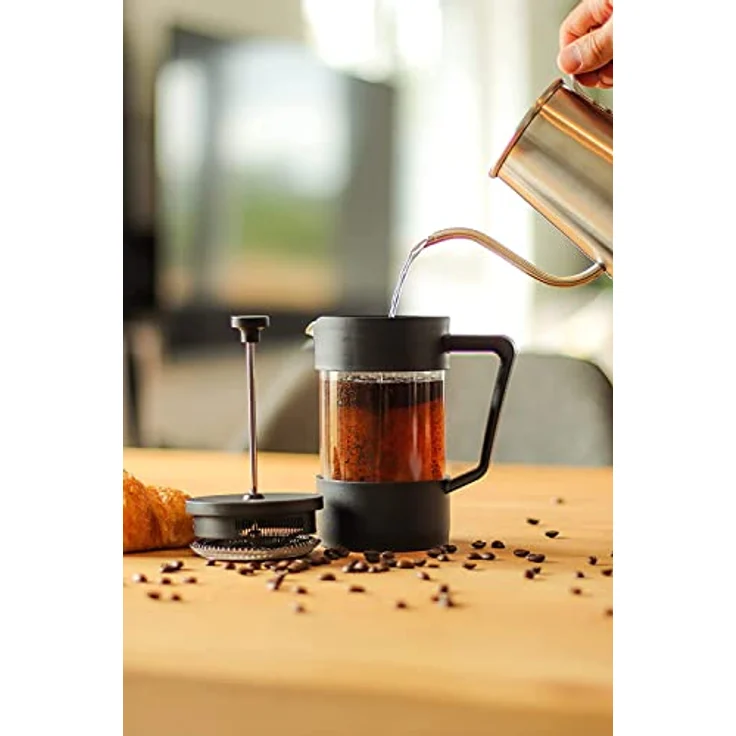 Milu French Press Kaffeebereiter | 350ml, Glas Kaffeepresse, Kaffeezubereiter für Zuhause Reisen Camping inkl. Untersetzer, Löffel, Ersatzfilter (Schwarz, 350ml (2 Tassen) – Bild 2