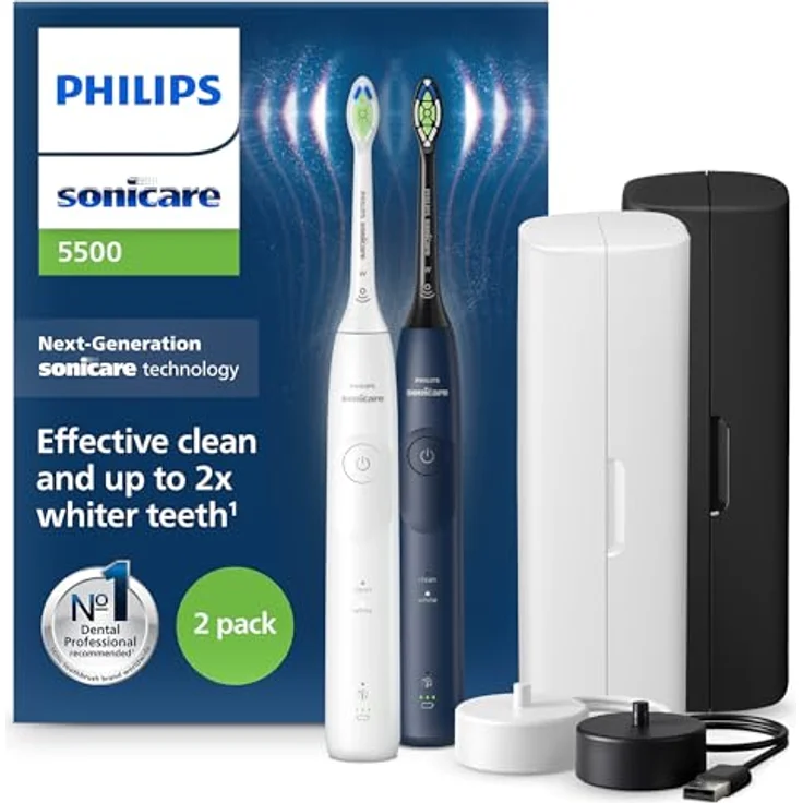 Philips Sonicare 5500 elektrische Zahnbürste, Sonic Zahnbürste mit 2 Putzmodi, Andruckkontrolle, EasyStart, SmarTimer und BrushPacer, Weiß und Navy, 2er-Pack, Modell HX7119/01 – Bild 1