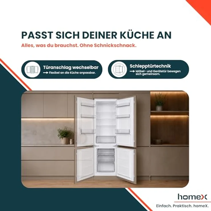 homeX CFB2491E Einbaukühlschrank mit Gefrierfach, 249 Liter, Schlepptür, 178 cm Nische, Energieeffizienzklasse E, leise mit 39 dB – Bild 8