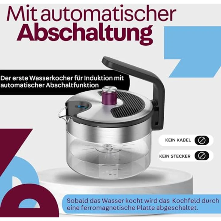 Kezzel® Wasserkessel für Induktionsherde 1,5 Liter | Automatische Abschaltfunktion, kein Überkochen | Edelstahl & Glas, spülmaschinenfest – Bild 4