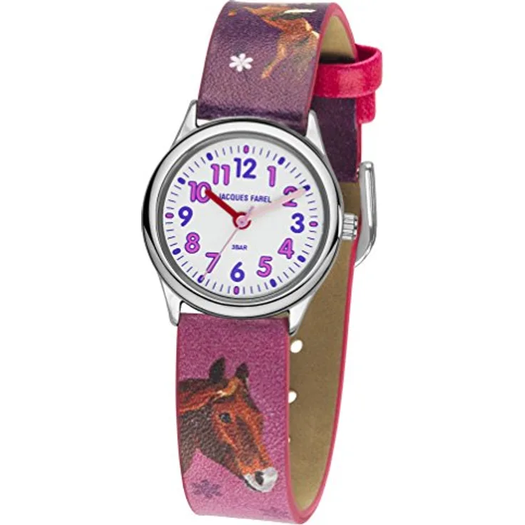 JACQUES FAREL Kinder-Armbanduhr Mädchen Pferd Analog Quarz Metall Leatherette HCC 543, Pink/Rosa, 26mm, Wasserdicht 3 bar, Veganes Band, Japanisches Quartzwerk
