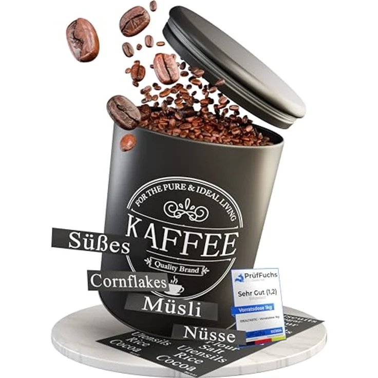 IDEALTASTIC® Premium Kaffeedose luftdicht [500g], robuste Vorratsdose für gemahlenen Kaffee & Bohnen, mit flexiblen Inhaltstickern für Zucker, Müsli und mehr, DEKRA geprüft – Bild 1