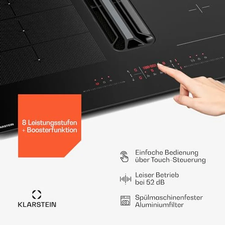 Klarstein AirJet Hybrid DSM_Airjt.Hybri_60BK, Induktionskochfeld mit integrierter Dunstabzugshaube, 4 Zonen, Touch-Bedienfeld, 12 kW, schwarz – Bild 5
