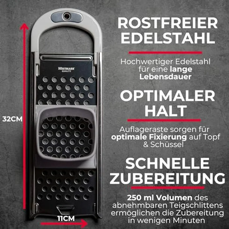 Westmark Spätzlehobel mit Teigschlitten, Spätzlereibe für Topfdurchmesser bis zu 24 cm, Rostfreier Edelstahl-Kunststoff, Knöpfle, Weiß-Silber, 61122270 – Bild 6