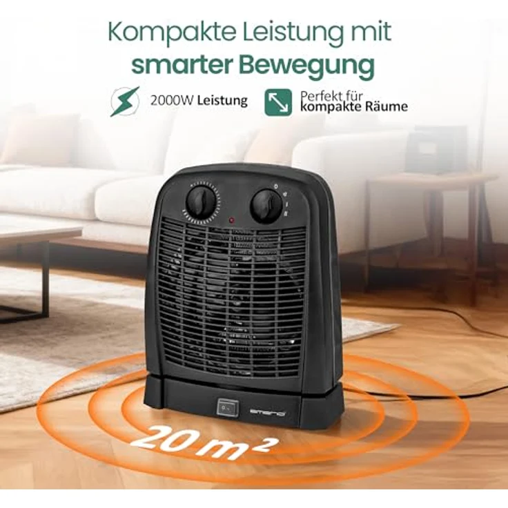 Emerio Heizlüfter FH-111910.2, 2000W mit 2 Heizstufen, einstellbarem Thermostat, oszillierend, Kippschutz und Ventilationsfunktion für Räume bis 20 m², IP21 – Bild 6