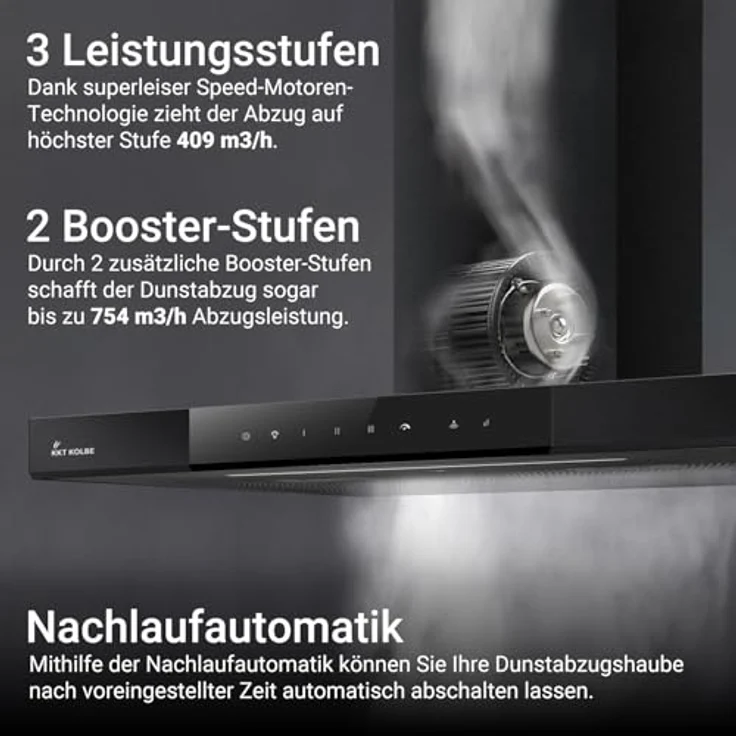 KKT KOLBE SHAPE6005S Dunstabzugshaube 60 cm, A+++ Energieeffizienz, 754 cbm/h, Wandhaube, Umluft/Abluft, schwarz, Glas, Touch Bedienung, Nachlaufautomatik, Bi-Color LED Beleuchtung – Bild 4