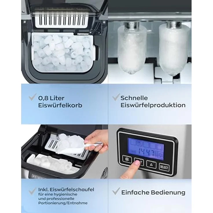 HEINRICHS Eiswürfelmaschine, Eiswürfelbereiter mit Timer, 3 einstellbare Eiswürfelgrößen, LCD-Display, 2,2 Liter Wassertank, Selbstreinigungsfunktion, Edelstahl, 120 W Leistung Heinrich´s – Bild 3