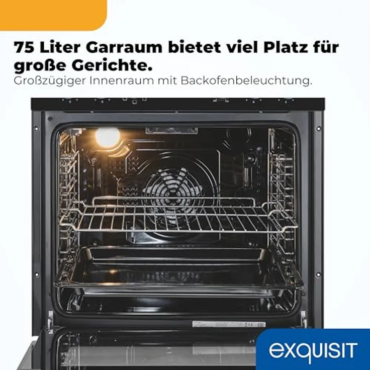 Exquisit EHE5258-UBZ-020 Herd-Set schwarz | Einbauherd mit Umluft & Grill, 75 l, Energieklasse A, 4 Strahlungskochzonen inkl. Bräterzone, Timer, 8550 W – Bild 4