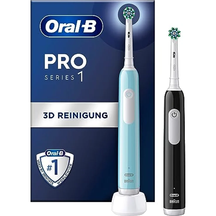 Oral-B Pro 1 Elektrische Zahnbürste/Electric Toothbrush, Doppelpack mit 2 Aufsteckbürsten, 3 Putzmodi für Zahnpflege, Geschenk Mann/Frau, Designed by Braun, schwarz/blau – Bild 1