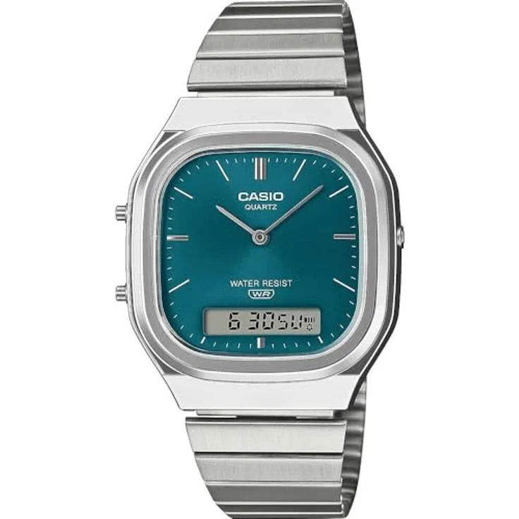 Casio Edgy Collection Herrenuhr AnaDigi Petrol AQ-240E-3AEF, Quarzwerk mit Edelstahlarmband, Stoppuhr, Alarm und Kalendereinstellungen, blau