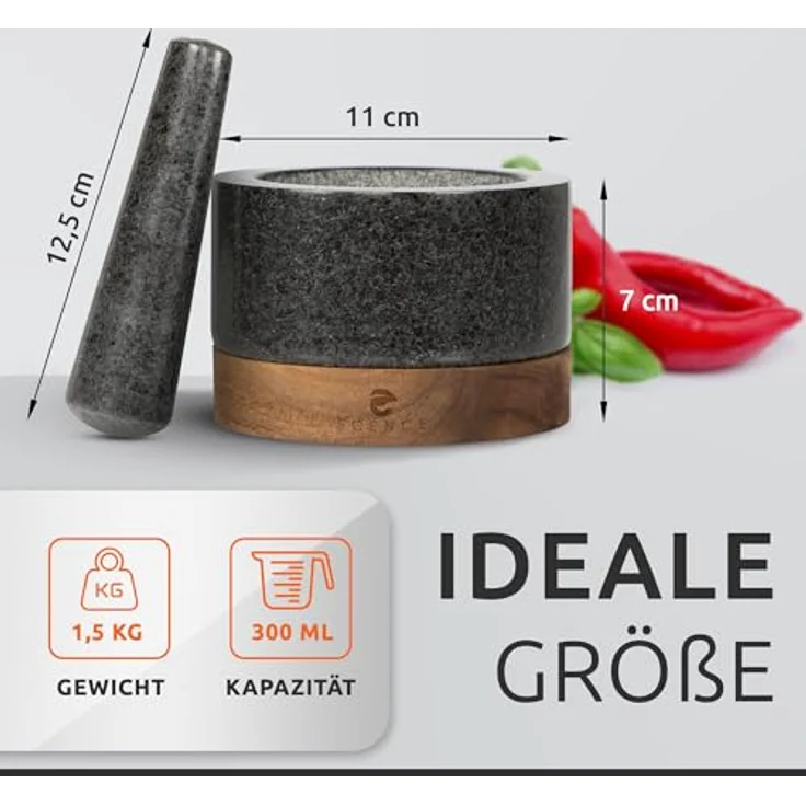 ECENCE Granitmörser mit Stößel aus Akazienholz Ø11cm, Küchenmörser für optimales Mahl-Ergebnis, naturbelassenes Design – Bild 3