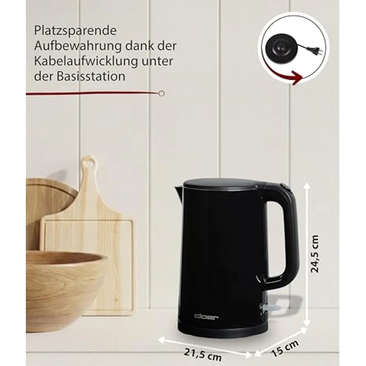 Cloer 4320 Wasserkocher 1,5 L, 1500 W, Edelstahlbehälter, automatische Abschaltung, Überhitzungsschutz, Kunststoffgehäuse schwarz – Bild 5