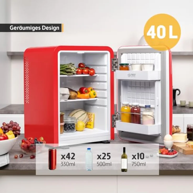TZS First Austria Retro Mini Kühlschrank 40L lautlos, Vintage-Design mit Innenbeleuchtung & 2 Türfächern, rot – Bild 5