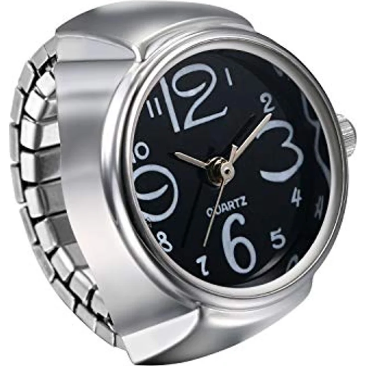 JewelryWe Ringuhr Analog Quarz Fingeruhr für Herren und Damen, elastisches Legierungsband, schwarz, modisches Design – Bild 1