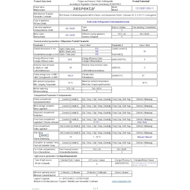Respekta Kühlschrank 3* Gefrierfach Unterbau Dekorfähig 82 Liter UKS 110-11, in Weiß, Energiesparklasse E – Bild 5