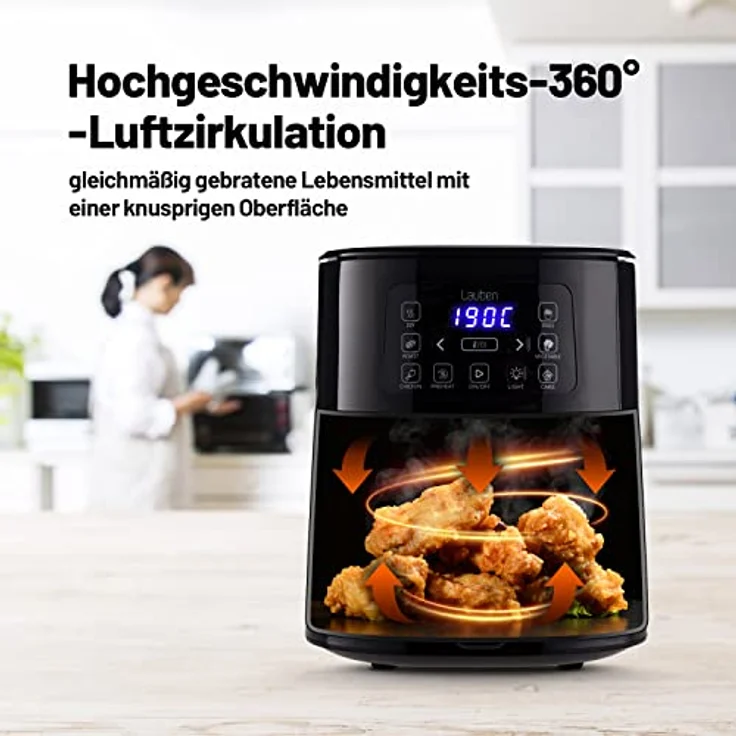 Lauben Hot Air Fryer 4000BC Heißluftfritteuse, 360° Heißluftzirkulation, 4 l Fassungsvermögen, 1600 W, 8 Programmen, spülmaschinenfest, einstellbare Temperatur: 120° - 200° – Bild 4