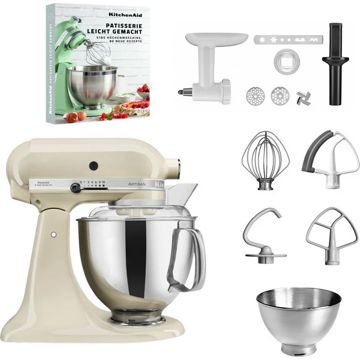 KitchenAid 5KSM175 Artisan Küchenmaschine, 4,8l, Fleischwolf, Spritzgebäckvorsatz und Patisserie Rezeptbuch, zahlreiche Farben erhältlich