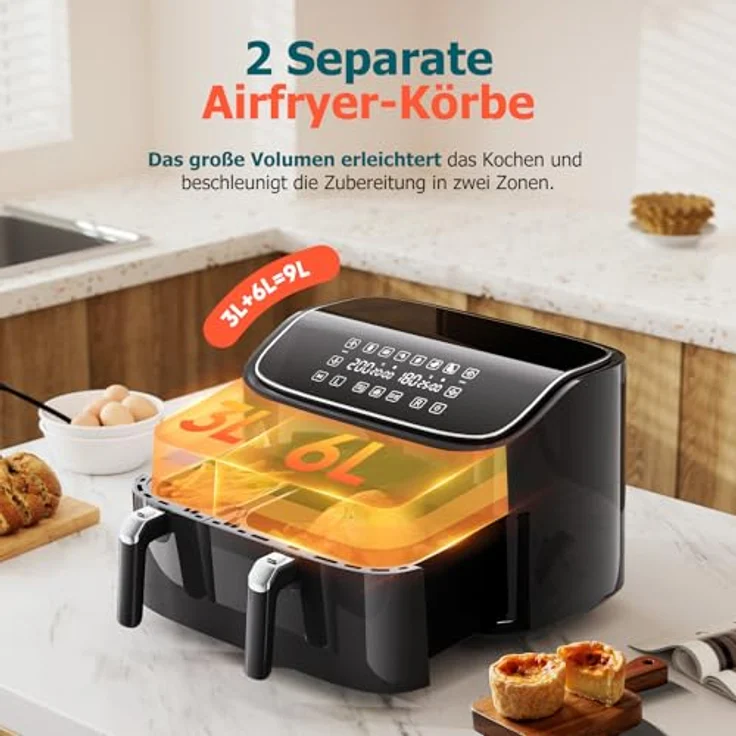 cookwise Heißluftfritteuse 9L, 2 Kammern (3L & 6L), 6-in-1, Touchscreen, spülmaschinenfeste antihaftbeschichtete Körbe, fettfreies Kochen ohne Öl – Bild 5