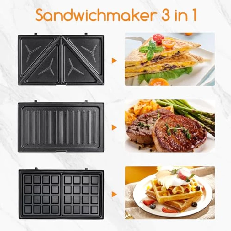 Aigostar Sandwichmaker 3 in 1, Sandwichtoaster, Kontaktgrill, Waffeleisen 3 in 1, 3 Abnehmbare, Spülmaschinengeeignete und Antihaftbeschichtete Grillplatten, Dreieckig Sandwich Maker 30JVU, 750 W – Bild 2