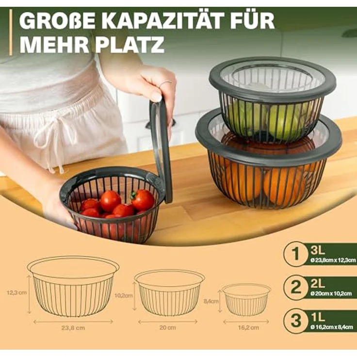 VIWARES 3 Schüssel-Set mit Deckel stapelbar (6-teilig) - 1, 2, 3 L, BPA-frei, spülmaschinenfest, grün, für Teig, Salate und Lebensmittelaufbewahrung – Bild 3