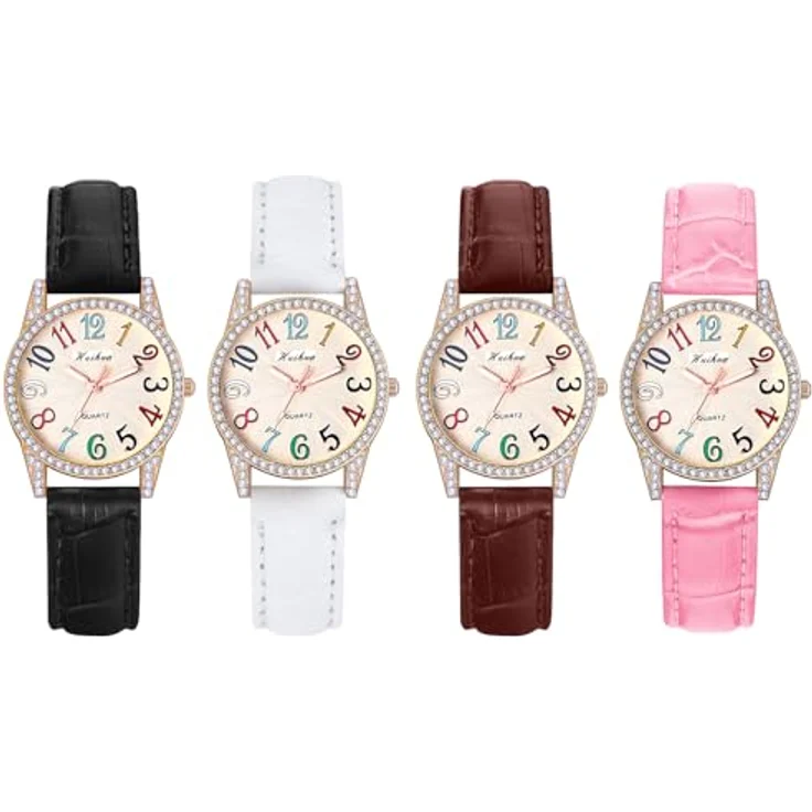 JewelryWe Uhren Damen Leder Diamant, 4pcs Glitzer Strass Analog Quarz Armbanduhr mit Regenbogen Zifferblatt und großen Arabischen Zahlen, 10m Wasserdicht – Bild 1