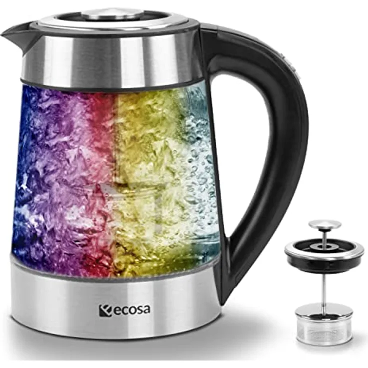 Ecosa EO-650 Glas-Wasserkocher, 1,7 Liter, 2200 Watt, 40°C-100°C, Warmhaltefunktion, transparent, silber