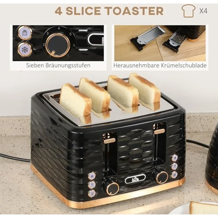 HOMCOM Toaster Frühstück-Set, 1,7L Wasserkocher und 4-Scheiben-Toaster, 2200 W, Auftau- und Aufwärmfunktion, Schwarz – Bild 4