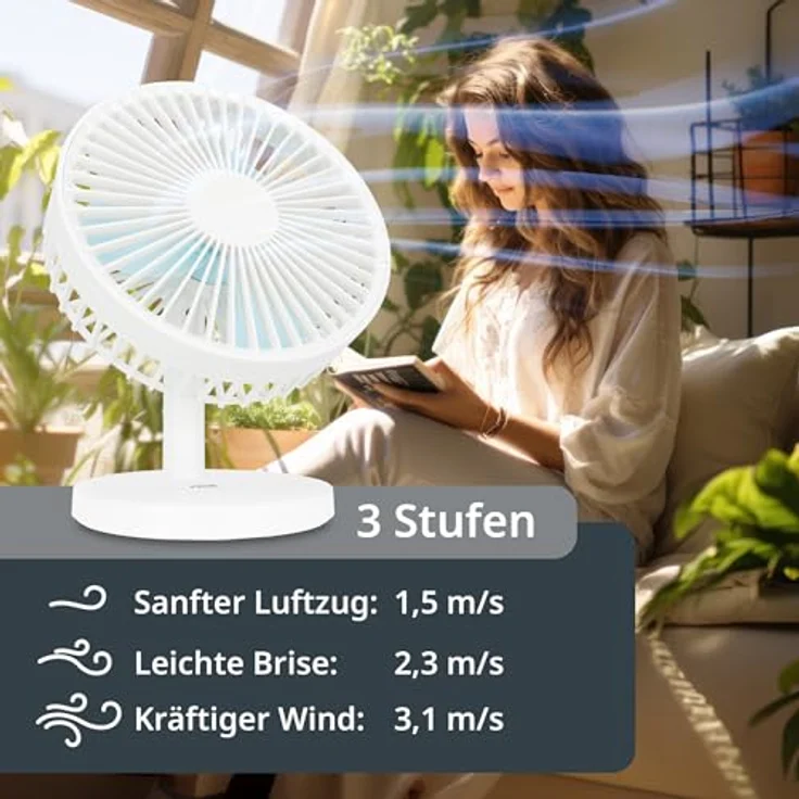ADE USB Tischventilator, flüsterleise mit 3 Stufen, Akku bis 7,5 h Laufzeit, 2.000 mAh, 90° Neigungswinkel, leicht und flexibel, weiß – Bild 3