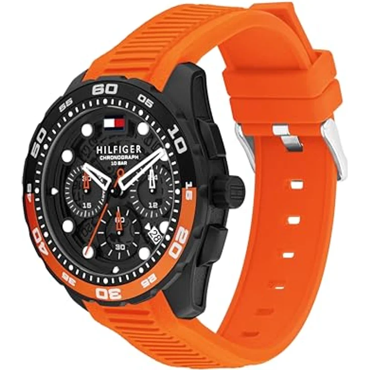 Tommy Hilfiger Chronographen-Quarzuhr mit Kalender, 44 mm Gehäuse, oranges Silikonarmband, Wasserfest bis 10 ATM, Modell 1792234 – Bild 2